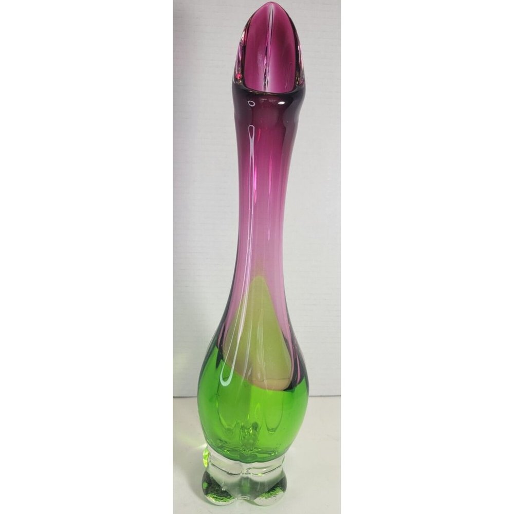 Bohemian Chribska Czech Pink and Green Elephant Footed Vase 15" tall